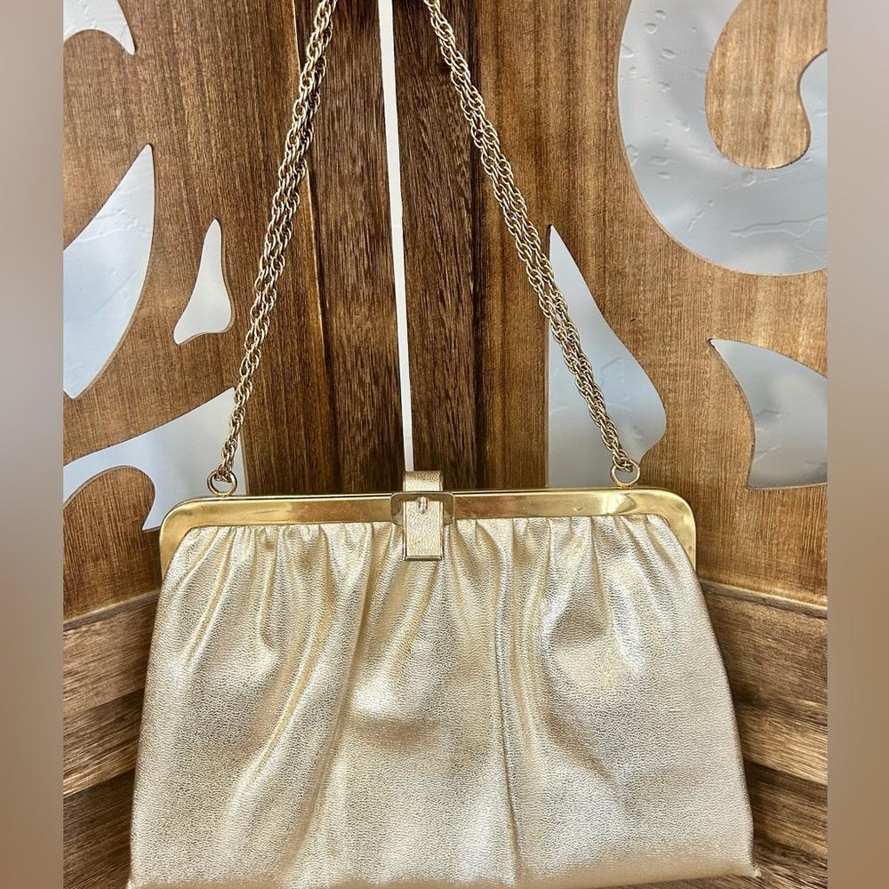 VTG Harry Levine USA 1960s Gold Shimmer Evening Bag KISS Clasp Purse
